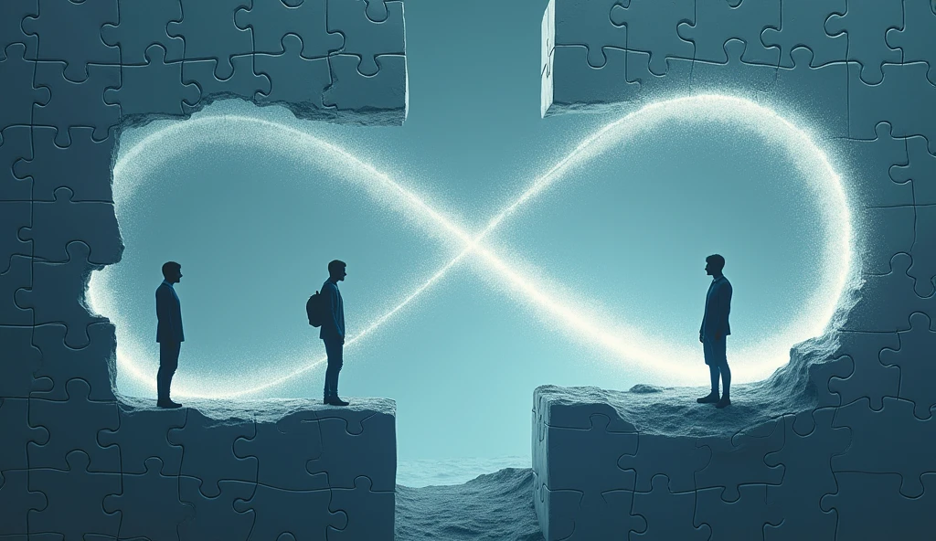 create an image inside a puzzle piece that matches the infinity symbol, connections and partners