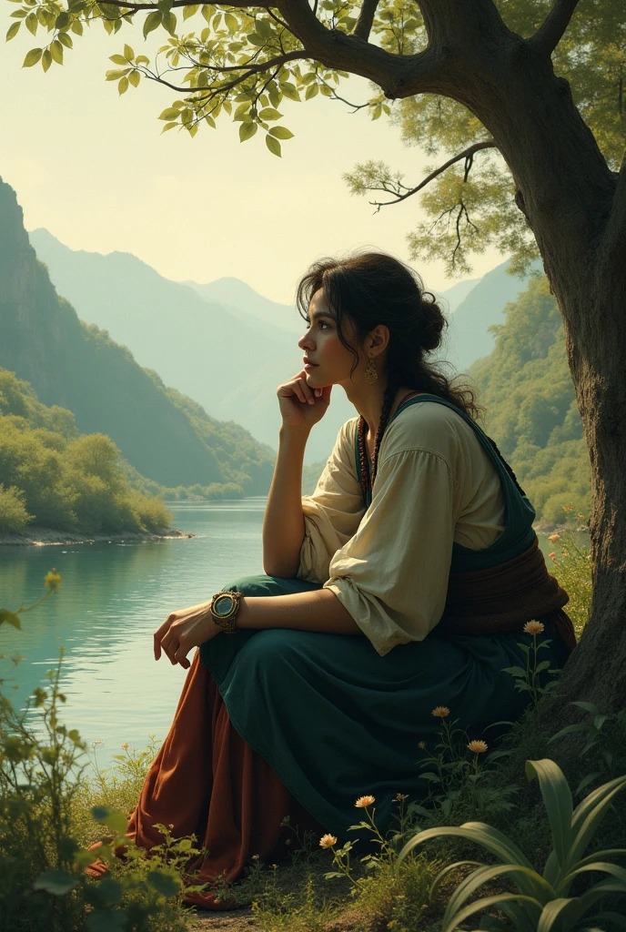 create the image of a poet sitting in front of a natural landscape thinking