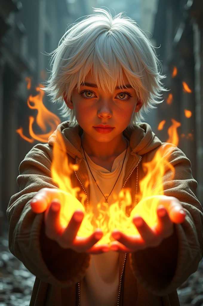 White haired age boy breathing fire from his hands