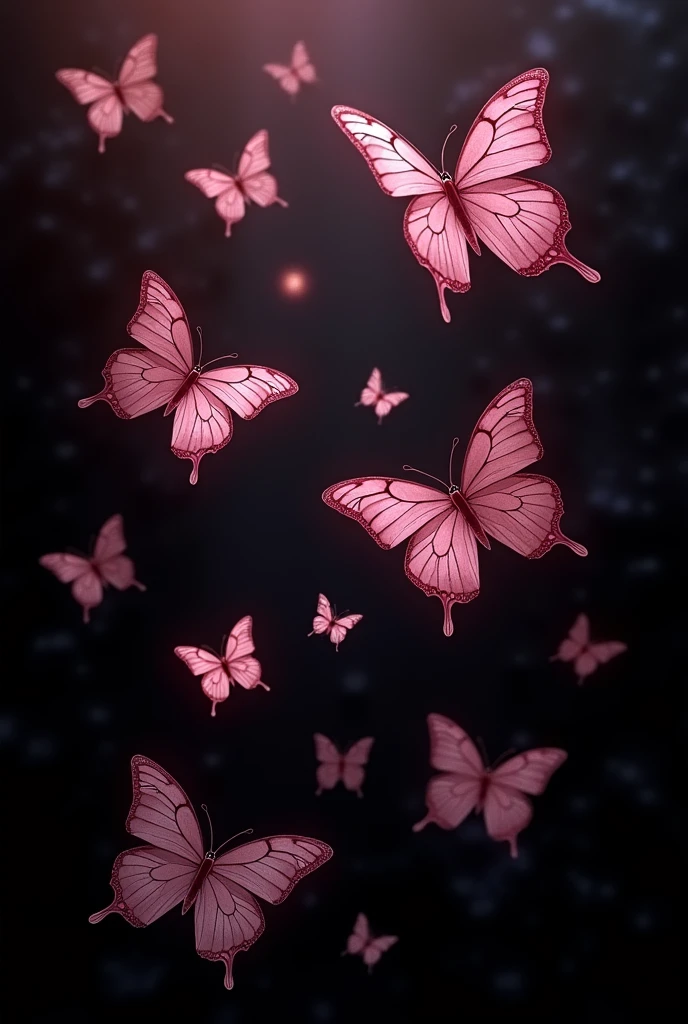 Dark black background with various butterfly designs of different sizes in dark pink 