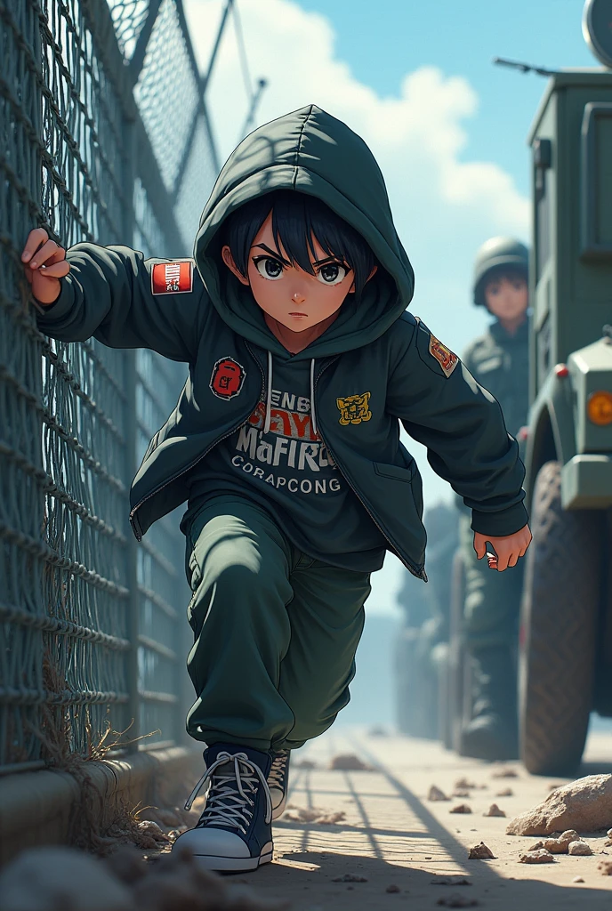  boy wearing anime hoodie sneaking through a fence without being seen by the military