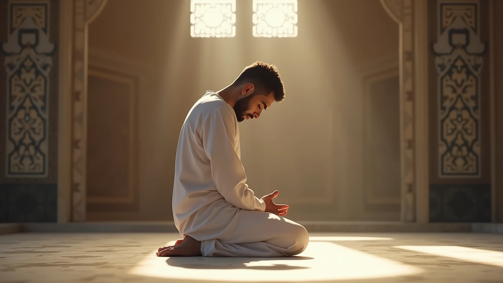 The young Middle-Eastern man, wearing a white traditional prayer garment, now in the 'Ruku' bowing position, hands placed firmly on his knees, back straight, head lowered, eyes looking at the ground, mosque setting with decorative wall patterns and soft light filtering in, capturing the humility and devotion in the act of bowing, 16:9 aspect ratio, hyper-realistic, f/2.8, ISO 200, 50mm lens