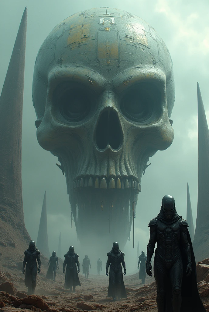 futuristic dark alien army with big spaceships with skull shaped heads
