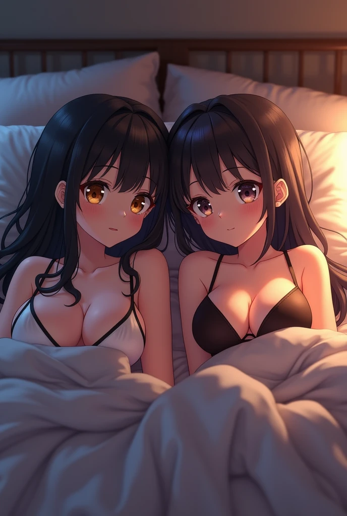 a 2 girl , lying in her bed, hide, and smiling, huge breasts, bikini, anime