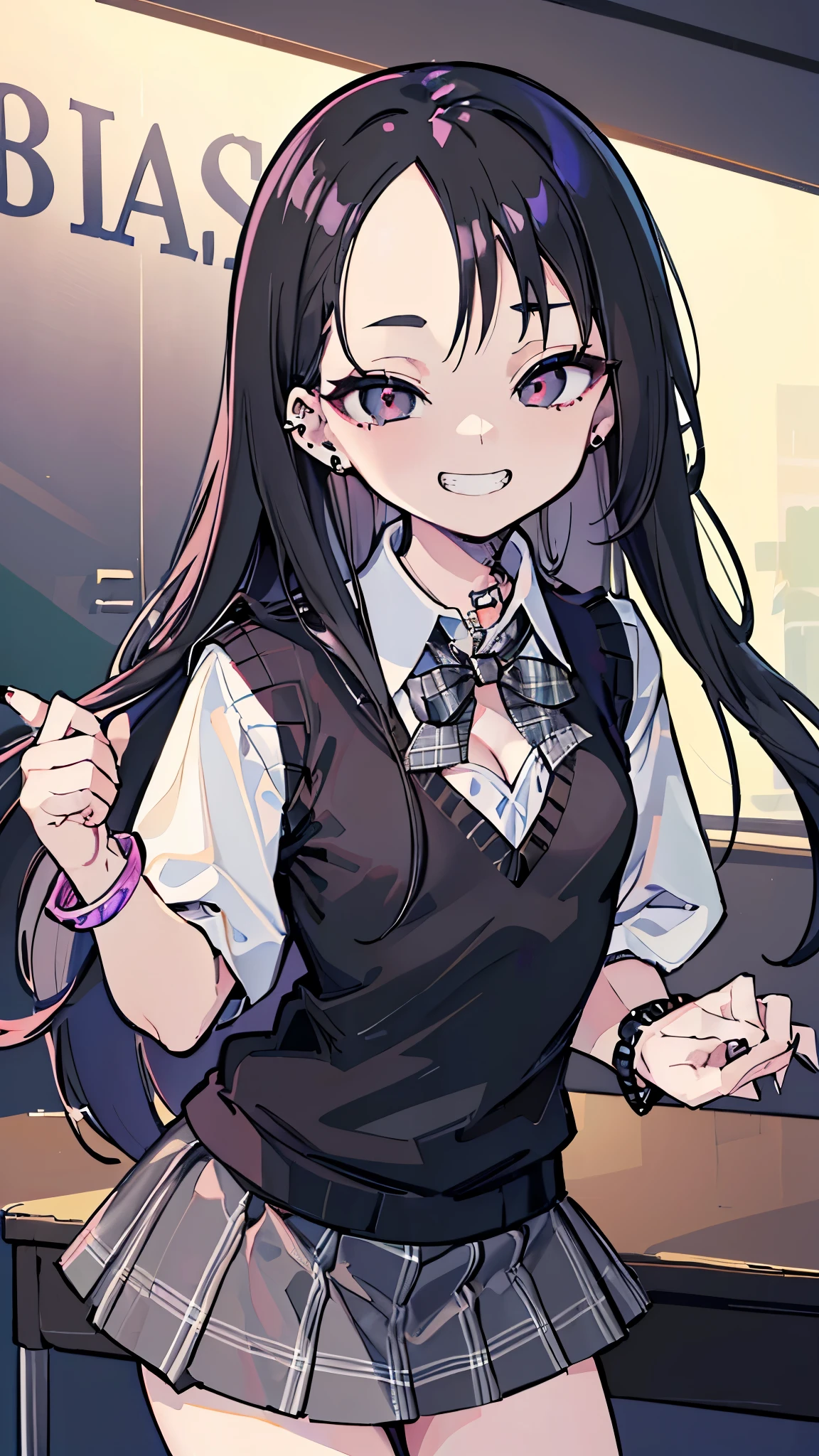 masterpiece、Highest quality、Very detailed))、One girl、Black Hair、Black Hair、Long Hair、Grey Eyes、evil smile、((Grin))、((lots of piercings))、((Small breasts))、((White collared shirt))、((A bow tie))、((gray sweater vest))、((gray plaid skirt))、((skirt lift))、((black panties))、Cowboy Shot、Looking down、Shoot from below、Gym storeroom