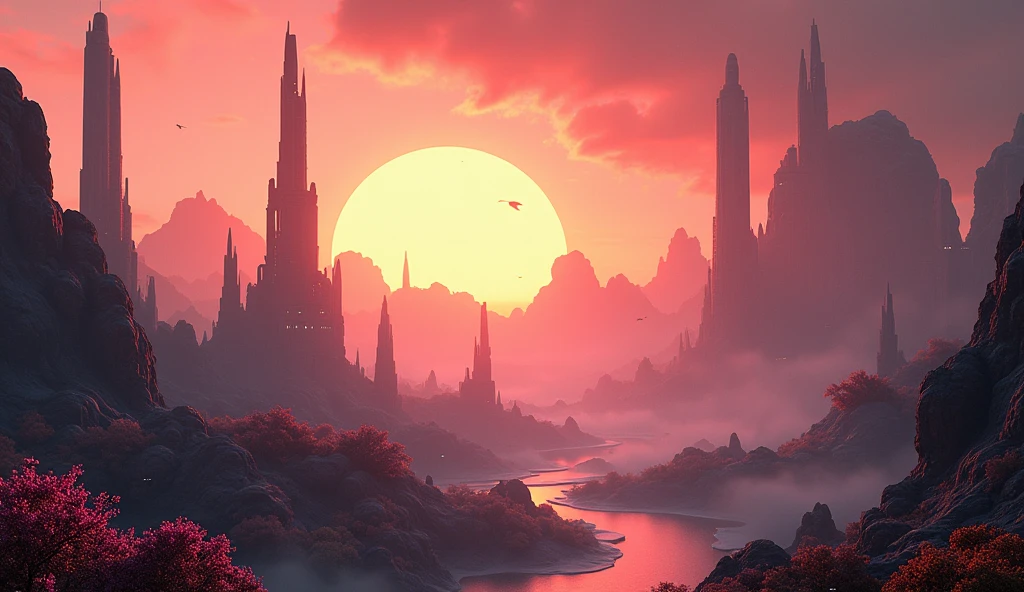 (Best Quality,4k,8k,High resolution,masterpiece:1.2),ultra detailed,sharp focus,(realist,photorealist,photo-realist:1.37), 35mm lens，multiple angles，（35mm cinema lens），（multi-angle shooting），（Many viewing angles), A breathtaking alien planet at dawn, (best quality,4k,8k,highres,masterpiece:1.2),ultra-detailed,(realistic,Photorealistic,photo-realistic:1.37),Dramatic lighting,glowing sky,alien landscape,futuristic architecture,floating islands,bioluminescent flora,Atmospheric fog,intricate alien flora and fauna,cinematic composition,vibrant colors,warm lighting,dramatic shadows,detailed textures,intricate details
