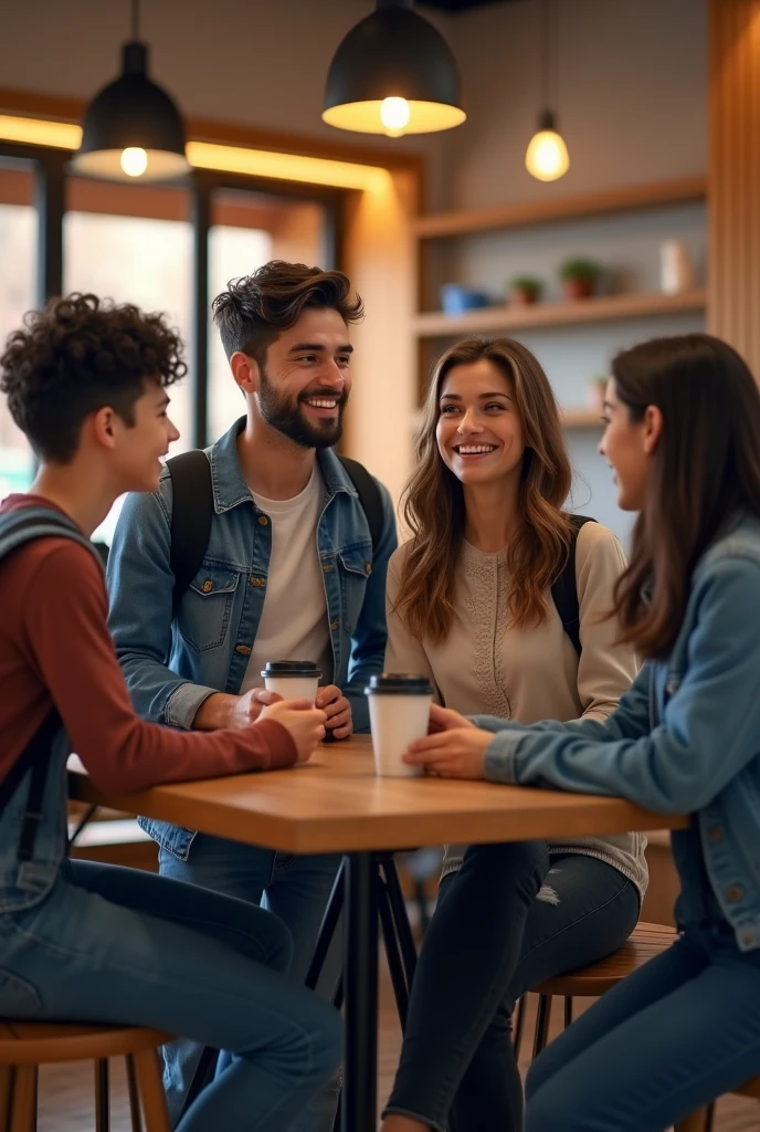 Group of guys drinking coffee in a cafe at night while telling a story and one starts laughing 
