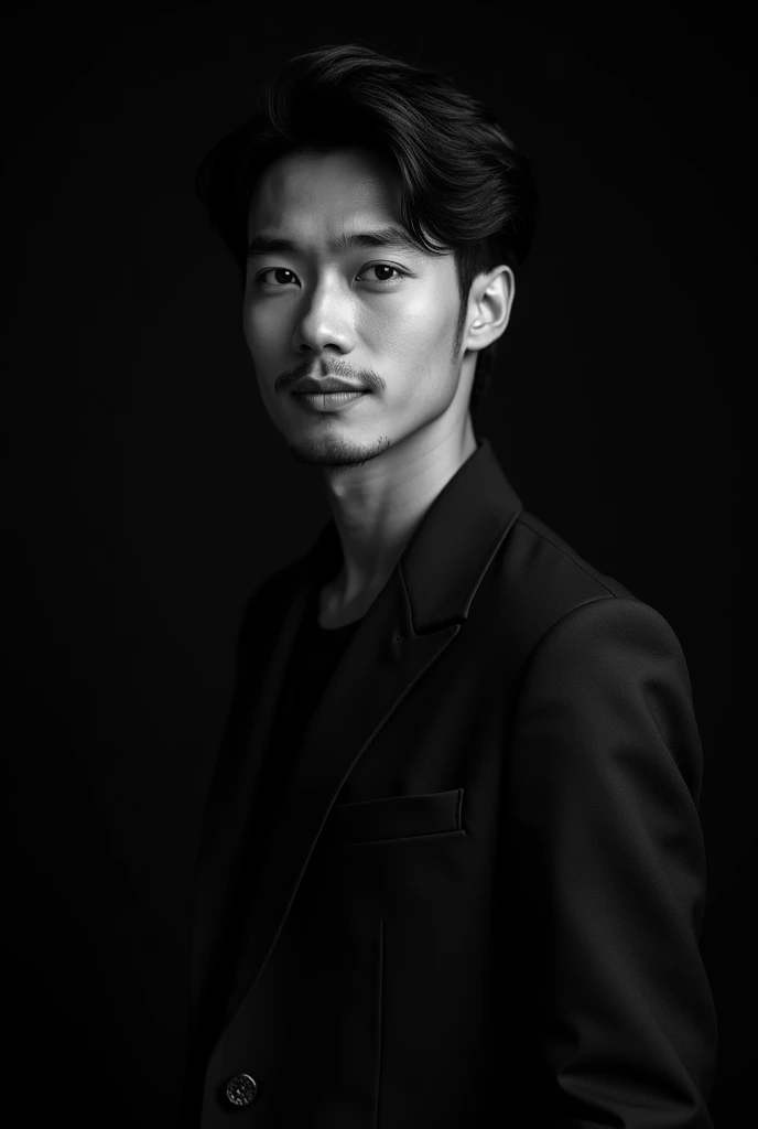 A professional black-and-white portrait of a perfect handsome indonesian modern man 30 yo from jakarta, dark hair. wearing modern stylish fashion with blazer. unique character and personality and style. The background is solid black, highlighting her features and creating a sleek, modern look. The lighting is soft and evenly distributed, emphasizing confident and approachable expression.