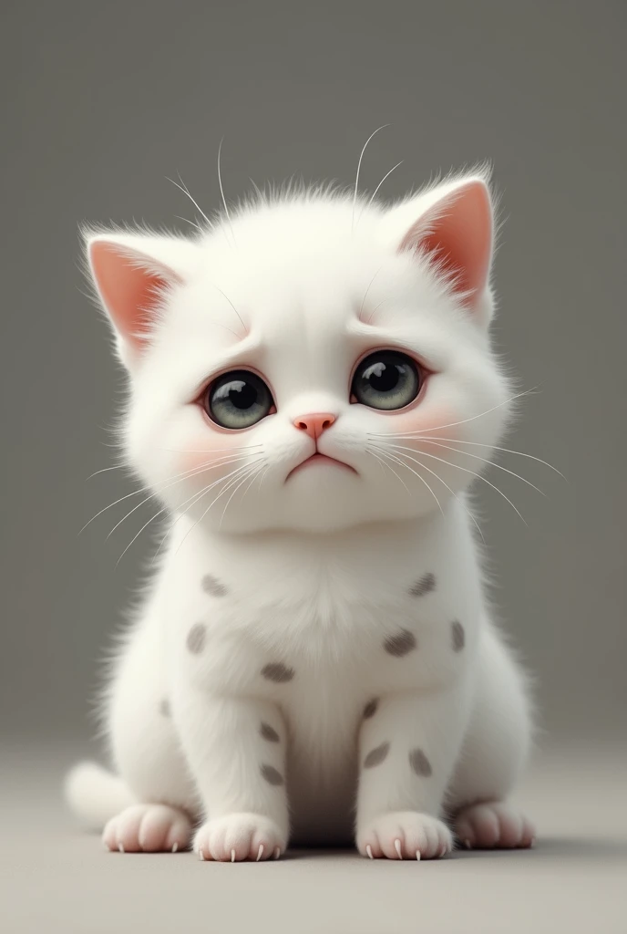 a white kitten with grey spots, fat and heartbroken