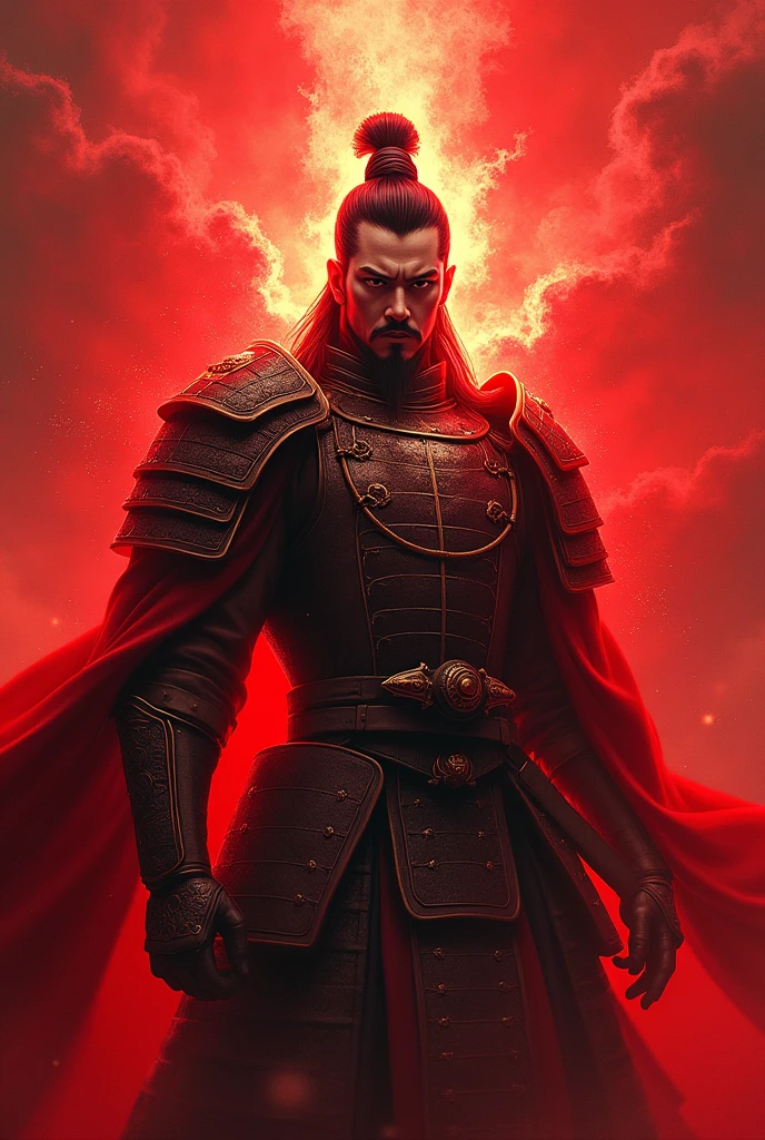 one men, Cao Cao, fair skin serious expression, traditional Japanese armor, red rays around him emanating from him