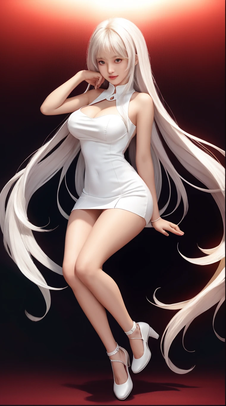 ((masterpiece, high resolution, better quality, better details)), ((Marin Kitagawa)), ((Smiling)), ((one girl)) a girl modeling standing, mini skirt, blouse, ((big neckline)), ((platform high heels)), pink eyes with black outline, (light blonde hair, straight hair, straight bangs, long hair)), long nails, pink nails, (((curvy body))), shiny skin, ((side view)), solo, bare shoulders, full body, focus full body, high heels, ((White background)),