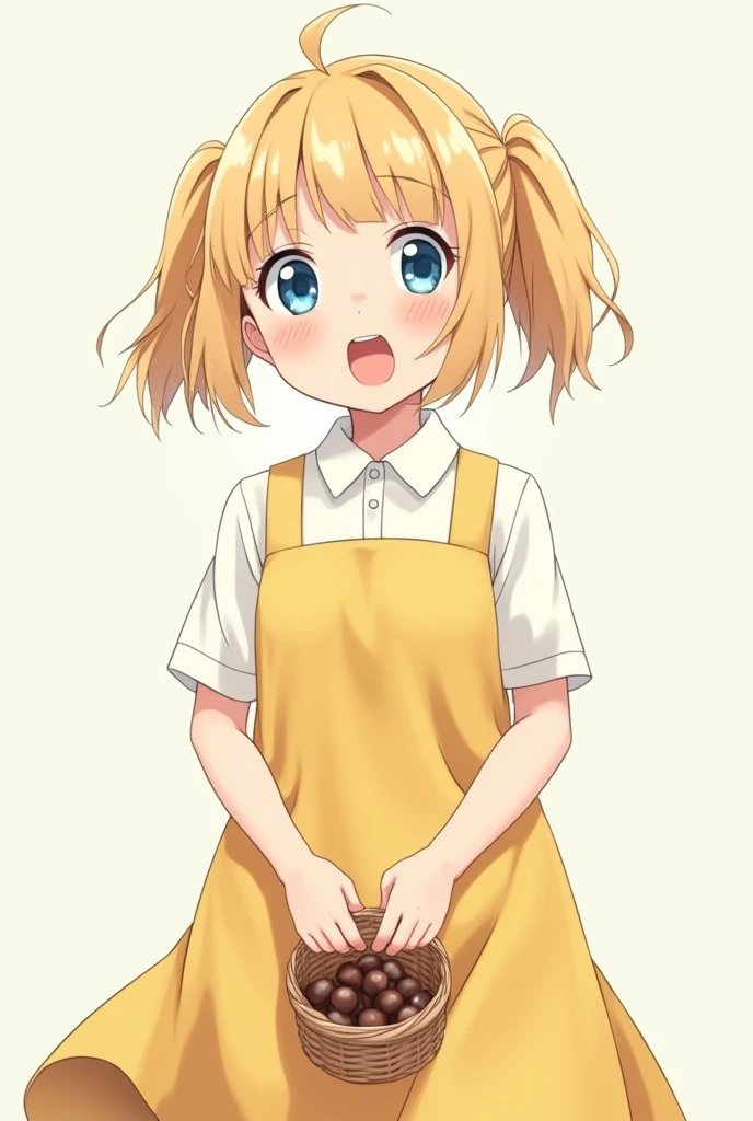 Create a white anime girl, with blonde hair, with two short pigtails down below, yellow dress with a white polo shirt underneath it dress without shoes,blue eyes, en esta pose🚶sosteniendo una canasta de chocolates con la boca chiquita y abierta y sorprendida