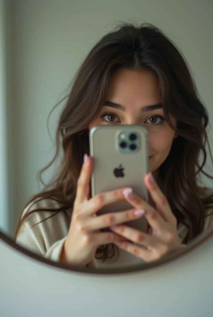 Realistic mirror photo taken by a girl with an iphone in hand and face covered by hand
