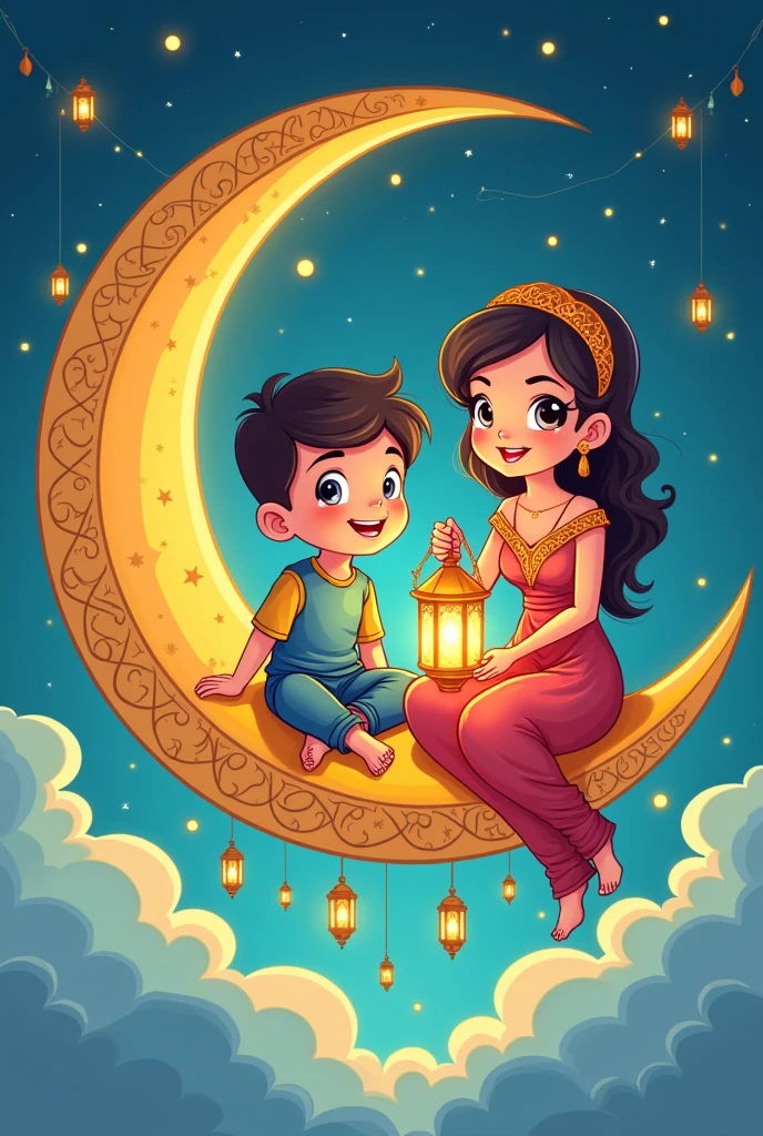 Cartoon vector drawing of colorful line art, create a logo of a boy sitting on a yellow crescent moon decorated with Ramadan decorations, a beautiful sitting on it wearing a beautiful dress and holding a lit Ramadan lantern in her hand, below the crescent there are clouds and a drawing of lantern characters, high-detail vector drawing