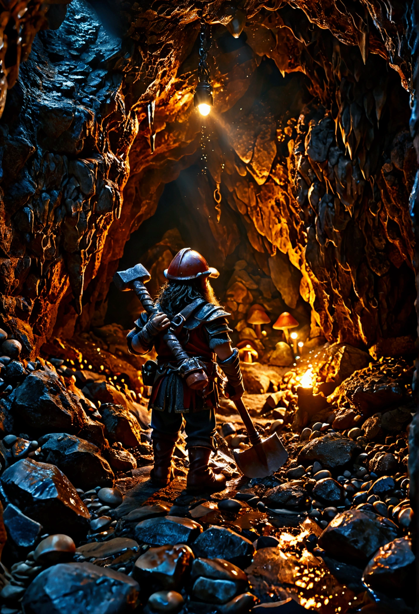 Cinematic CGI, bokeh, (Dark Cavern), A dwarf lights up a stony place with his headlamp. A (rugged dwarf) discovers a marvelous rough gem from the rocky walls as he trys to dig it out with his trusty pickaxe. His simple digger armor protects him. The gem glows brilliantly in the darkness. Cavern, underground. lightly glowing mushrooms dot the cave. a few unwanted minerals dot the cave walls. Splendor and wonder. Very gloomy, very dark, large grotto. stalactites, High Fantasy