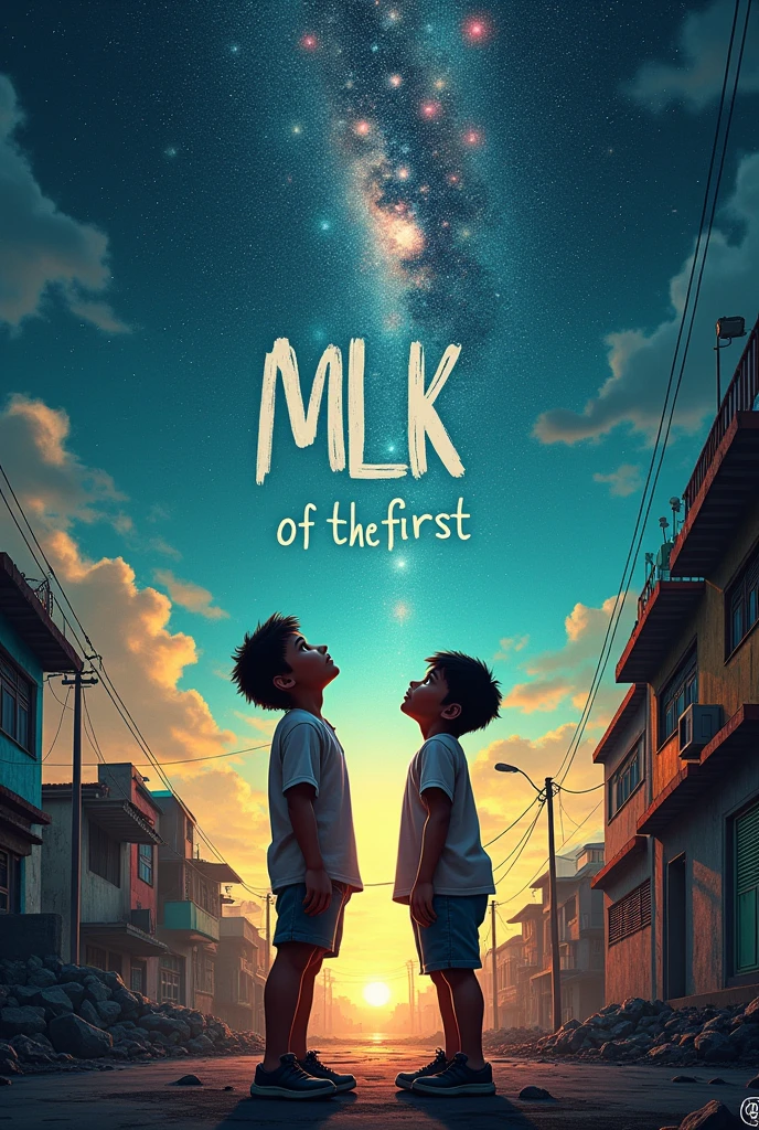I want an image to be an album cover, joining the favela and periphery with the universe, and in the center written THE MLK OF THE FIRST, and put two boys looking up and put the authors names SJC and SKESPER and put a bros 160 on the side