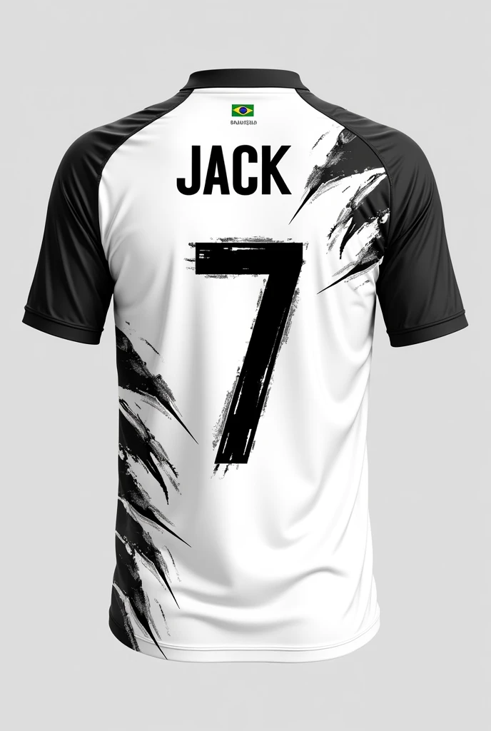 Make the back of a white interclass shirt so that it matches the front.  whose front part is already done and has black scratch details on the shirt and in the upper corner , This part of the shirt must contain the number 7 in a clear font with the name Jack written on top and place a small Brazilian flag below the collar and above the name.. In addition, below the number, write the name Palheiro Pampeano in small letters and add some claw details on the white part of the shirt, predominantly on the left side., the shoulder part being black in color
