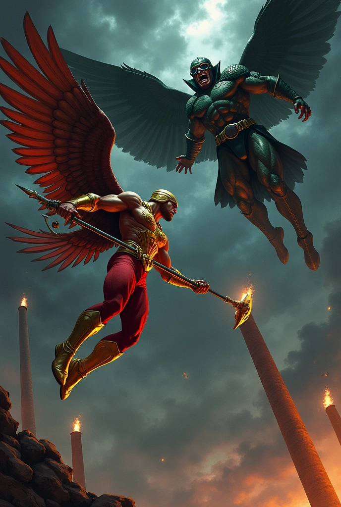 I want an illustration of Hawkman the Hawkman Aldis Hodge with his helmet, golden torso, his golden wings and his golden boots and red pants and his mace with a spiked ball also golden flying through the sky to face a parallel soldier. of Darkseid with a dark green suit and cap with round goggles and lilac skin on his face and lilac hands and fangs, with a laser beam in his hand and on his back he has six dragonfly wings that fly through the sky where there are black clouds and black chimneys that spew fire