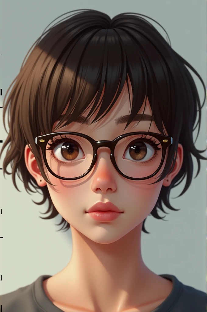 Create a photo of a young adult between the ages of 18 and 20, short brown hair with bangs, glasses on the face, slightly dark skin.