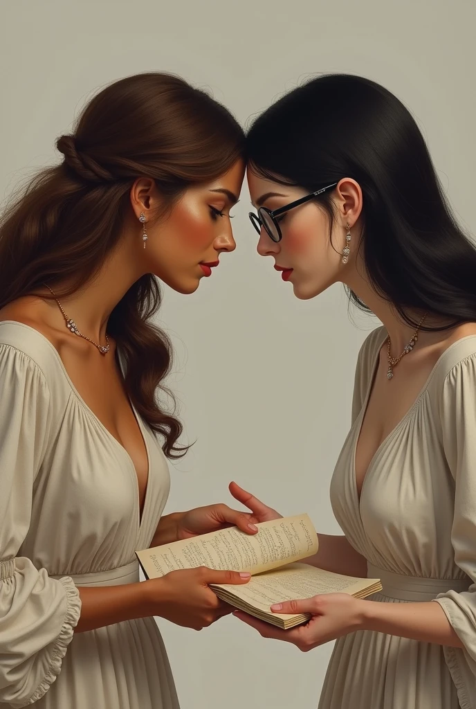 two women exchanging letters, They are of Greek profile, One with long, wavy brown hair and light brown skin and the other with white skin and straight black hair and wears glasses
