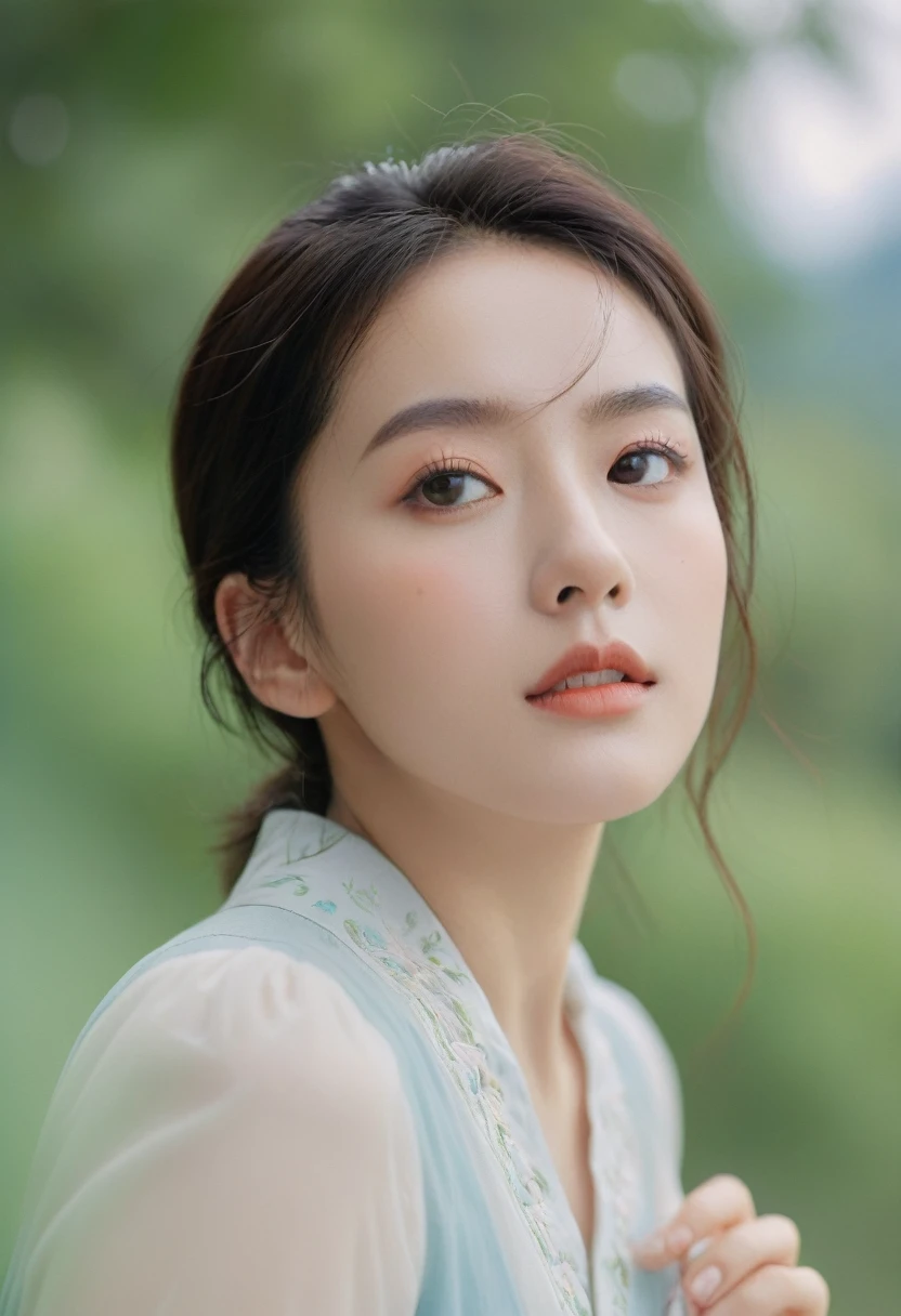 Capture an intimate long shot of the subject against a natural backdrop, cinematic depth, Leverage the 8K resolution for ultra-high detail in facial expressions and surrounding elements, Employ subtle pastel hues to evoke a sense of elegance,
