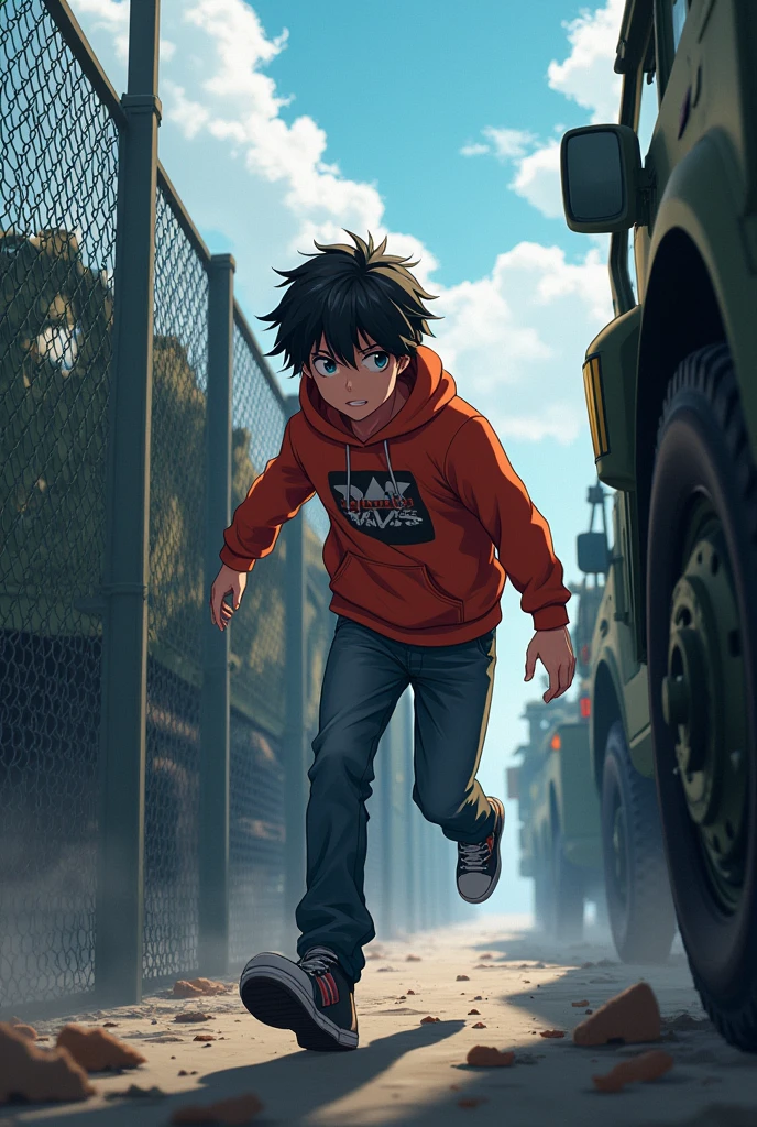boy wearing anime hoodie sneaking through a fence without being seen by the military