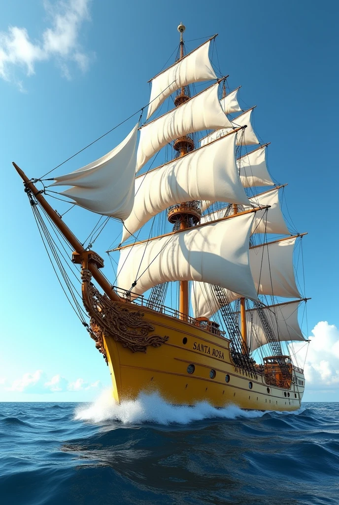 Photorealism of big pirate yellow sailing boat with santa rosa text on it