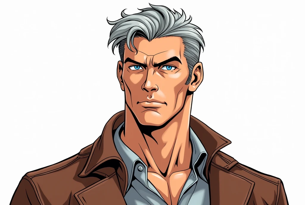Character sheet image of an adult male named John Smith. He has fair skin with a few freckles, short gray hair slicked back with hints of brown, and intense blue eyes with a watchful expression. His build is stocky and muscular. The style should blend 1980s comic book art with 1980s anime, showing him in a firm, resolute pose. The background should be transparent. Ângulos diferentes, ficha de personagem, fundo branco --ar 3:2, poses de personagem