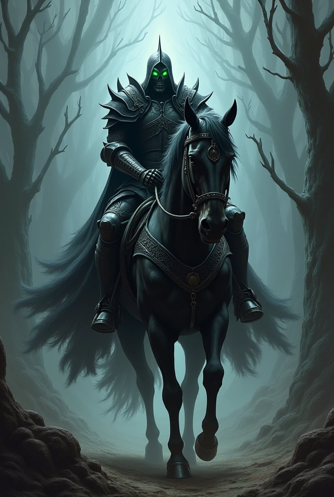 Death knight riding horse in dark fantasy world so dark with extremely artistic drawing