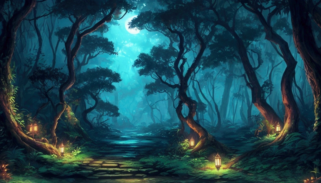 night, woods, forest, dark energy, jungle, anime style, one pathway
