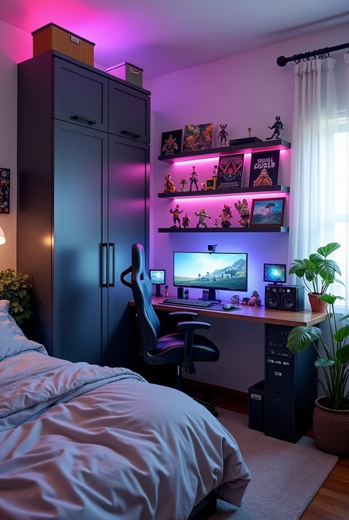 A bedroom with a graphite gray closet and white walls with a geek gamer decor to match