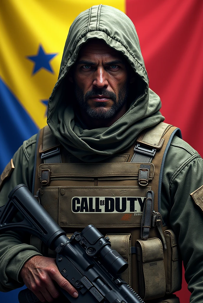 Una imagen  de un skin de Call Of Duty "gosh" with the "Call Of Duty" on the chest and with the Venezuelan flag behind