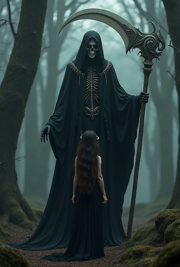 (((grim Reaper)))、young woman、cute、Jet black robe、sexy、(((He carries a scythe as big as he is.)))、grim Reaperの鎌、Death Scythe、Bone Jewelry、Background dark forest、(best quality,4K,8k,highres,masterpiece:1.2),ultra-detailed,(realistic,photorealistic,photo-realistic:1.37),HDR,uhd,studio lighting,ultra-fine painting,sharp focus,physically-based rendering,extreme detail description,professional,vivid colors,bokeh,cinematic lighting,dramatic shadow,