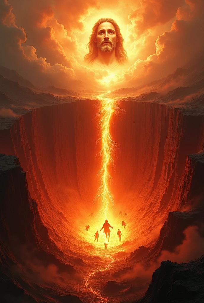 an open volcano hole with red fire flames coming out, people falling inside, INFERNAL CENARIUM, shining sky, with a divine glory , and the face of jesus