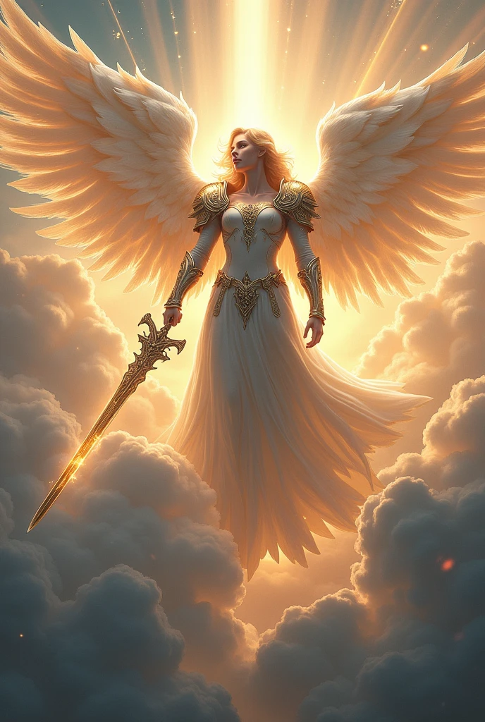 Archangel wielding a sword over the clouds 
