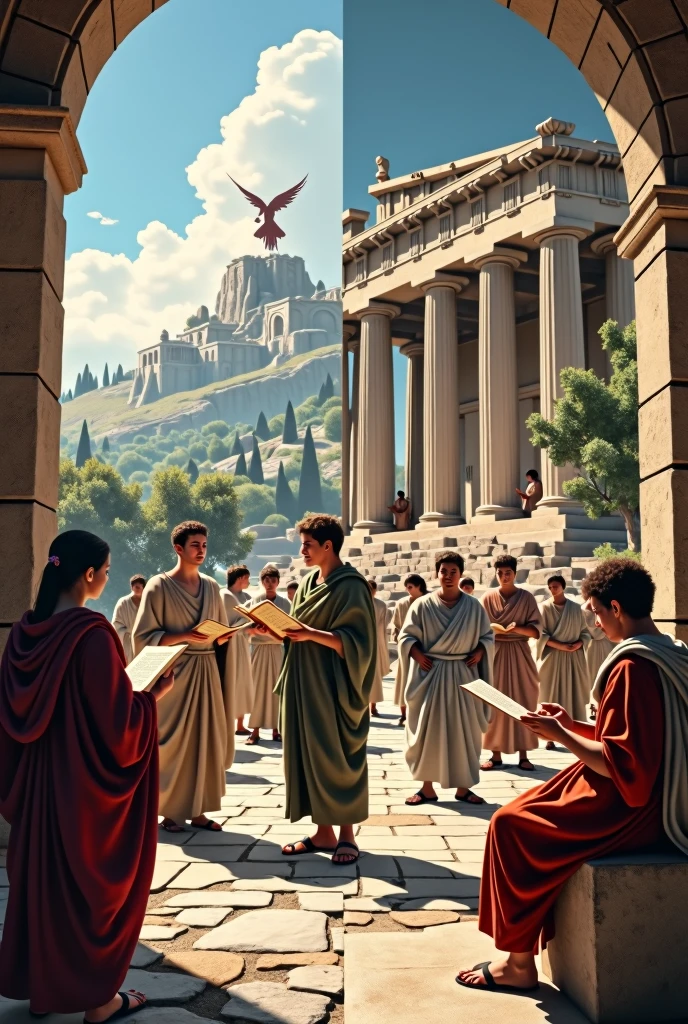 Generates an image of Athenian education and education in the Middle Ages

