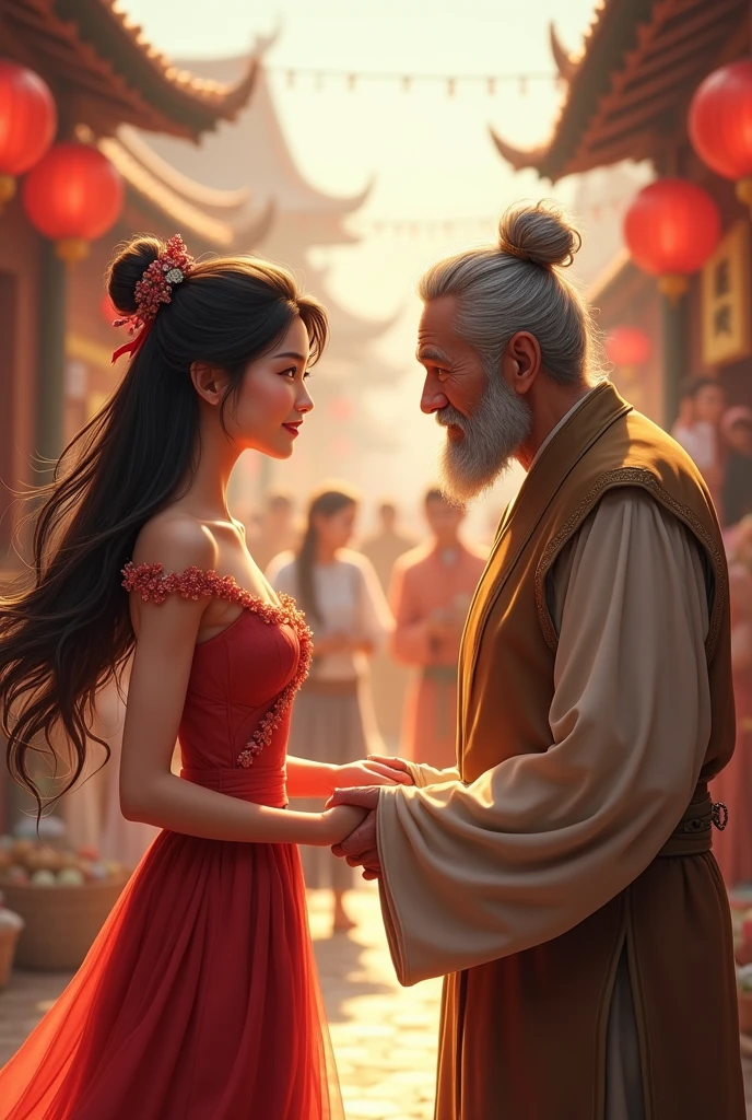 One princess, half Chinese brunette, with a big smile, short, accompanied by a tall dark-skinned man, well built, beggar&#39;s dress 