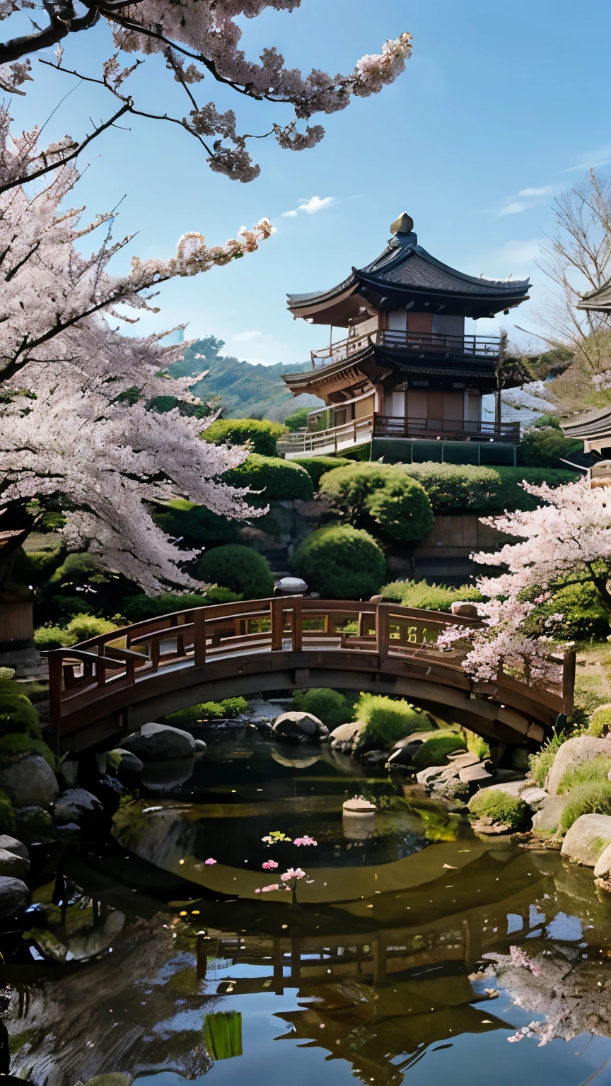 Create a detailed and picturesque landscape of feudal Japan in full bloom. The scene should depict a serene Japanese countryside during the peak of spring, with lush, rolling hills and vibrant fields of cherry blossoms (sakura) and other flowering trees. Include traditional feudal Japanese elements such as a classic wooden pagoda, a tranquil pond with koi fish, and gently curved stone bridges. The background should feature distant mountains and a clear, blue sky. The lighting should be soft and warm, capturing the beauty and tranquility of a blooming Japanese landscape. Incorporate intricate details to highlight the natural beauty and the harmony of the traditional architecture with the flourishing flora.