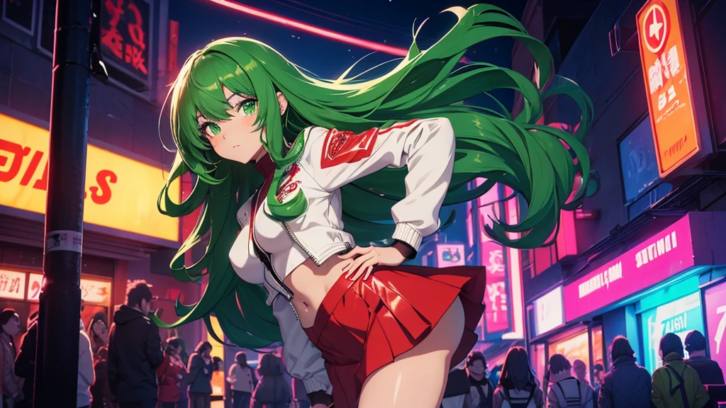 2d anime style, a beautiful woman with long curly brown hair and green eyes wearing a red miniskirt, white top and leather jacket is in front of a dance club that shines in neon on its facade the name "Technoir", night of a city in the 80s, lighting of streetlights and neon, high definition, high resolution, intricate details,