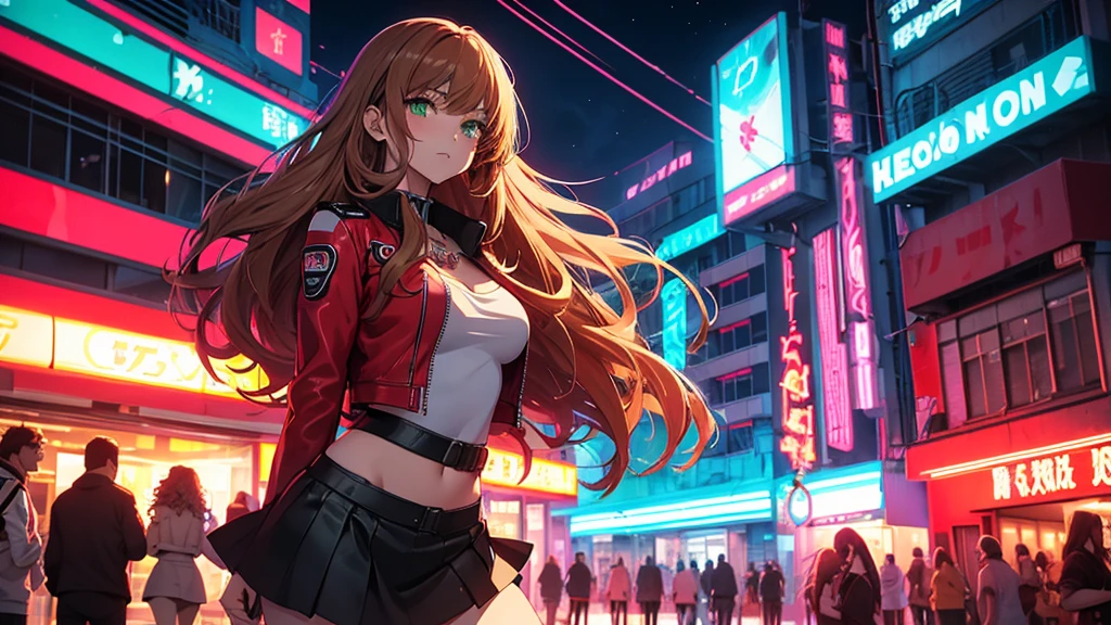 2d anime style, a beautiful woman with long curly brown, wearing a red miniskirt, white top and black leather jacket is in front of a dance club that shines in neon on its facade the name "Technoir", night of a city in the 80s, lighting of streetlights and neon, high definition, high resolution, intricate details,