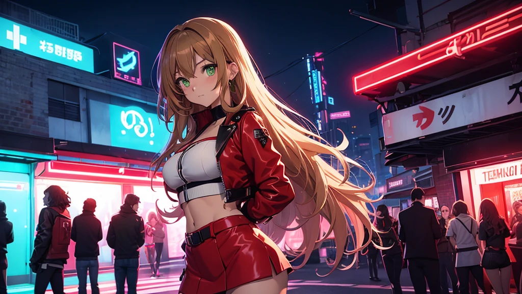2d anime style, a beautiful woman with long curly brown hair and green eyes wearing a red miniskirt, white top and leather jacket is in front of a dance club that shines in neon on its facade the name "Technoir", night of a city in the 80s, lighting of streetlights and neon, high definition, high resolution, intricate details,