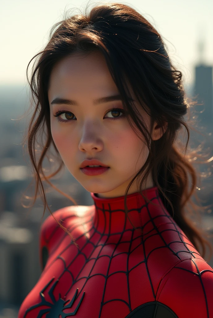 (1girl:1.3), Solo, (((Very detailed face)))), ((Very detailed eyes and face)))), Beautiful detail eyes, Body parts__, Unified 8k wallpaper, Super detailed, beautiful and beautiful, beautiful, masterpiece, best quality, original, masterpiece, super fine photo, best quality, super high resolution, realistic realism, sunlight, full body portrait, amazing beauty, dynamic pose, delicate face, vibrant eyes, (from the front), full body, She wears Spider-Man suit, red and black color scheme, spider, very detailed city roof background, rooftop, overlooking the city, detailed face, detailed complex busy background, messy, gorgeous, milky white, highly detailed skin, realistic skin details, visible pores, clear focus, volumetric fog, 8k uhd, DSLR, high quality, film grain, fair skin, photo realism, lomography, futuristic dystopian megalopolis, translucent