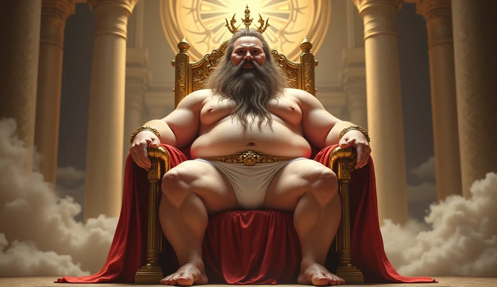 god on his throne ruling,Open legs, hair from navel to groin, underwear white with big bulge in the middle, Chubby, Hairy, Bearded, high resolution, ultra-detailed , sharp focus, intricate details