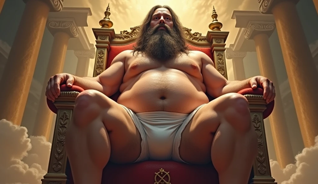 god on his throne ruling,Open legs, hair from navel to groin, underwear white with big bulge in the middle, Chubby, Hairy, Bearded, high resolution, ultra-detailed , sharp focus, intricate details