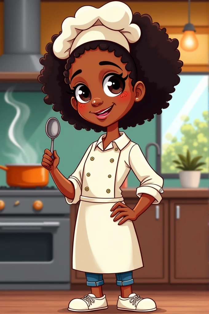 Black cook with spoon in hand in cartoon shape