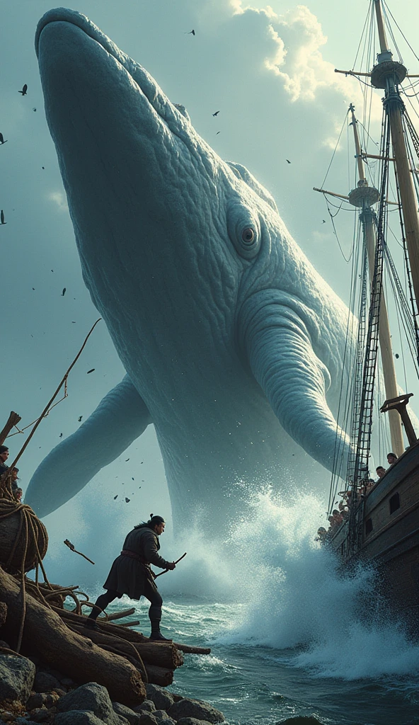 Moby Dick est représenté en pleine attaque, déchaînant sa colère sur le *Pequod*. La baleine, au sommet de sa puissance, frappe le navire avec sa queue massive, brisant les mâts en éclats. L'eau tourbillonne autour du navire, des vagues géantes s’écrasent contre la coque, et des débris volent dans les airs. Le capitaine Achab est visible au centre de l’action, accroché à un morceau de bois, le regard fixé sur la baleine avec une détermination inébranlable, malgré le chaos autour de lui. Chaque détail doit capturer l’intensité du moment – les éclats de bois, l’écume des vagues, les cris de l’équipage, et la puissance implacable de Moby Dick.