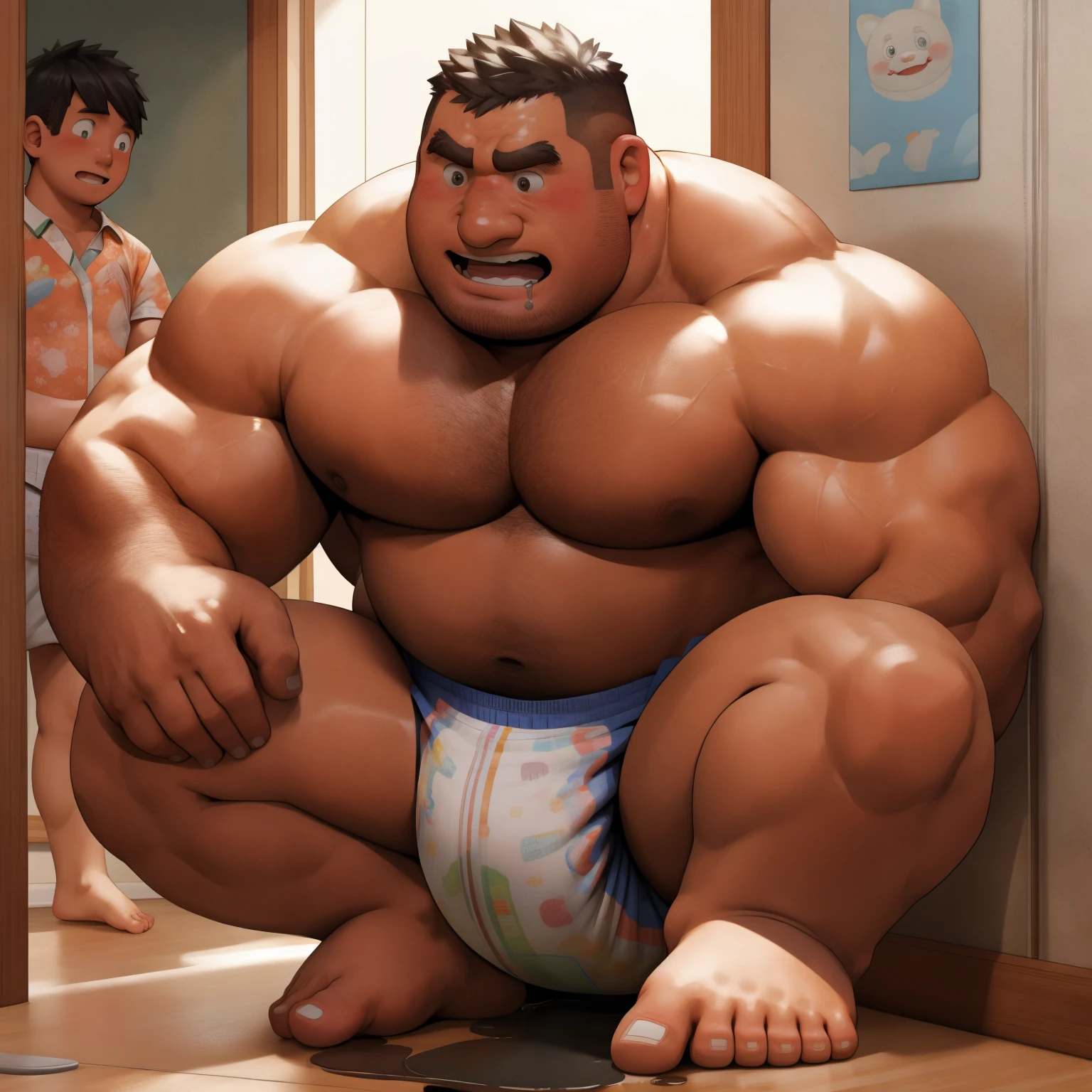 masterpiece, Top quality, in 32K, perfect anatomy, hyper detailed, super fine illustration, The thick man is a brutal prisoner, retarded, hairy, human, 50yo in japan, (fatness: 1.0), Fatty muscle, Bowleg, disappointment, incontinent, be diaper check by children, There is a small puddle under him, Naked, short legs, Bowleg, spread legs, wear a White cloth Diaper, Bare belly, Bare legs, Bare foots, Bare soles, Shirtless, wide forehead and short thinning hair, Man with round  face with stubble, Bare foots, Bare soles, shy, sissy, Weaker than children, Drool, Round face, He enters nursery school and is despised by children, He is made to stand attention in the corner of the playroom, corner time, He surrounded by children, Bare foots, big butt, White Diaper, sobbing, There is a small puddle under him