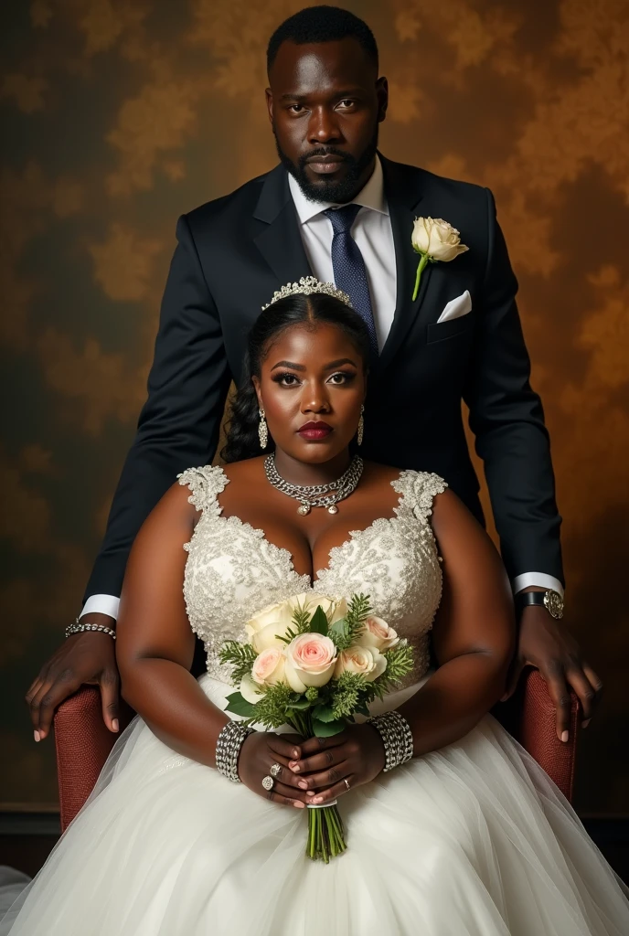 African bride, seated in a luxurious wedding dress, holding a bouquet, her wrists bound with chains that rest heavily on her lap. She appears confident and stunning with a healthy and few plumping figure. Behind her stands a tall, imposing African man in a suit jacket, his presence dominating. His gaze is fixed on her, exuding control and authority. The contrast between her delicate, seated form and the powerful figure behind her creates an intense atmosphere of tension, captivity, and restrained emotion, hyper realistic beautiful photography"