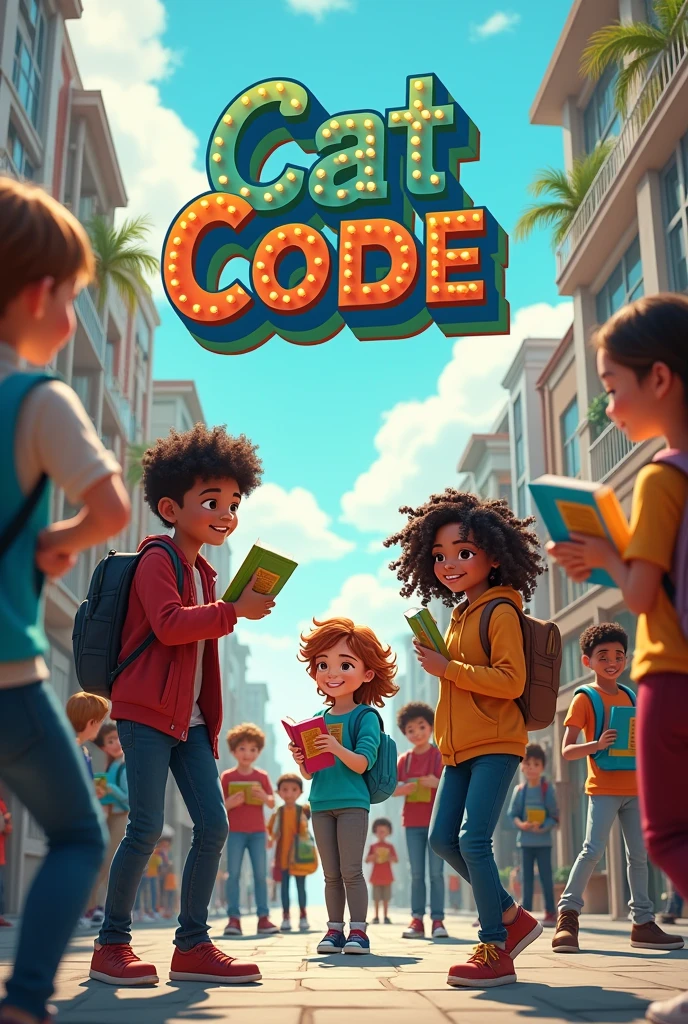 CAT CODE boys and girls selling books and in the background it says CAT CODE
