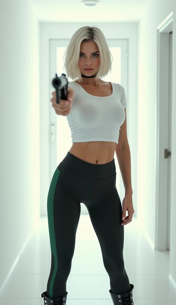 1 girl, Caucasian, platinum-blonde long bob hair, (freckles:1.2), dark eye makeup, (an extremely tight white cotton half-tee-shirt exposing her midriff:1.2), (very large breasts bulging:1.4), thin, skinny, fit, (ideal female body:1.3), athletic, (tight black yoga pants with a thick green stripe running down the sides:1.2), (black military-style combat boot high heels:1.2), aiming a gun at the viewer, she stands in the middle of an alabaster hallway